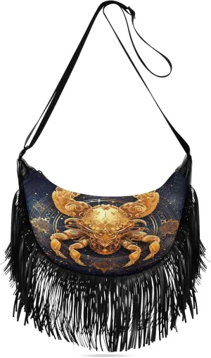 Golden-crab-astrological Women Tassel Fringe Shoulder bag, Fringe Purse Crossbody, Women Tassel Hobo Bag with Zipper