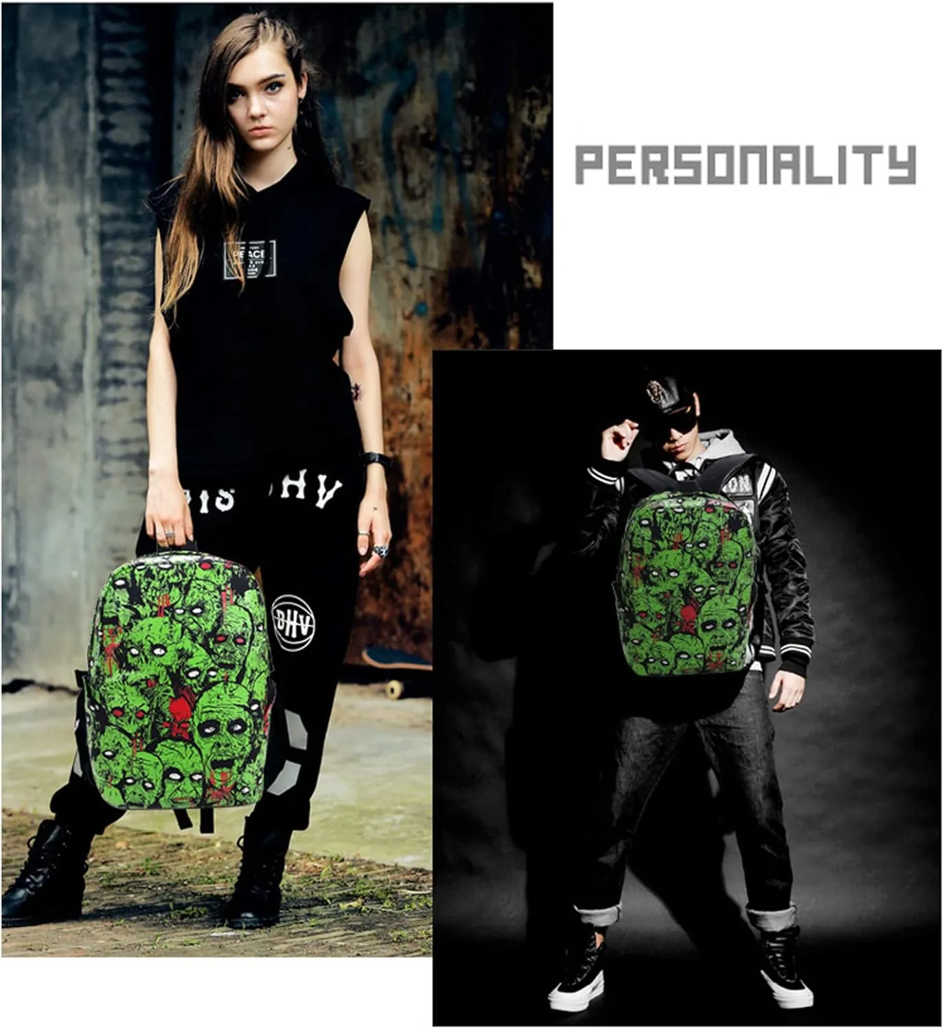 Gothic Backpack Canvas Backpack Printed Skull Backpack Halloween Backpack (Grey Backpack)