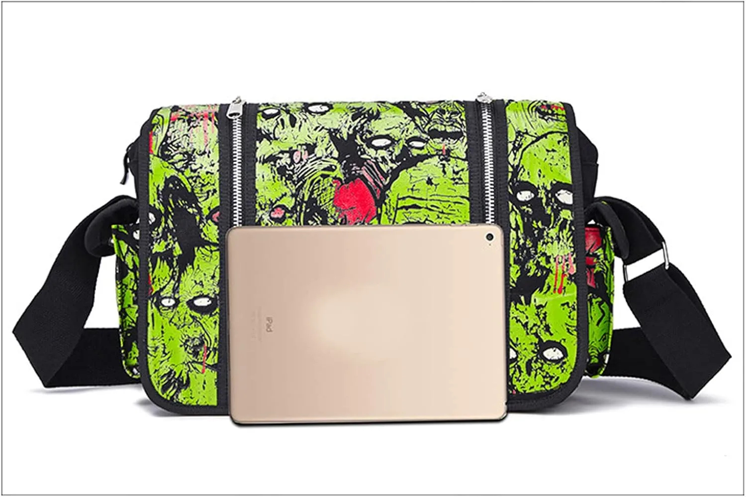 Gothic Canvas Backpack with Printed Skull - Green Tote Bag