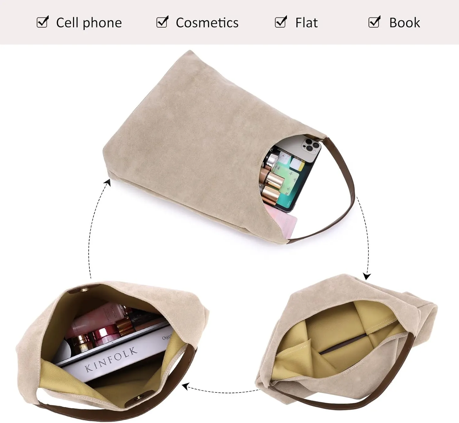 GOTOW Suede Hobo Bags for Women Brown Suede Tote Handbag Retro Suede Slouchy Shoulder Bag Office