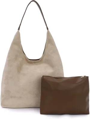 GOTOW Suede Hobo Bags for Women Brown Suede Tote Handbag Retro Suede Slouchy Shoulder Bag Office