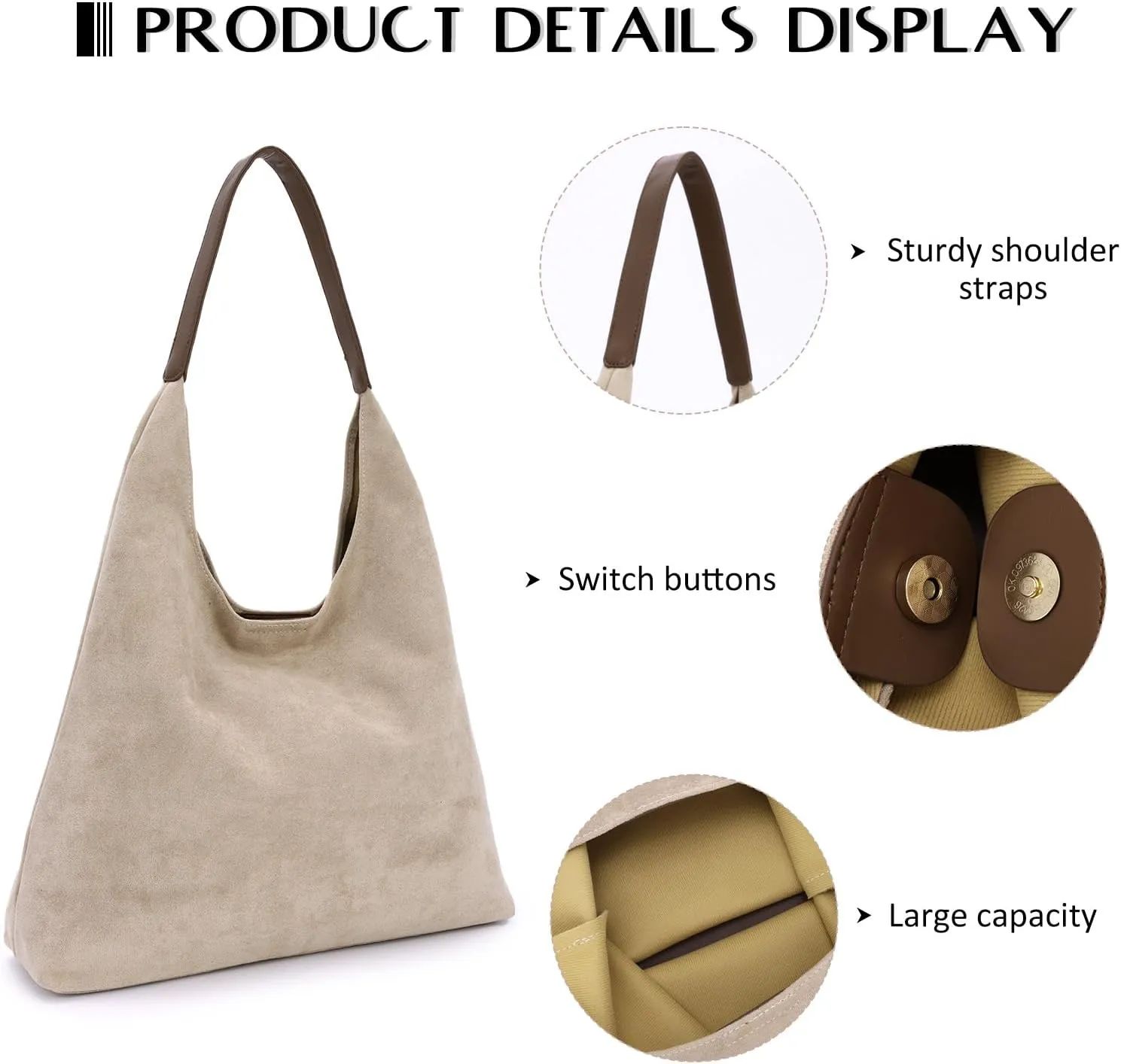GOTOW Suede Hobo Bags for Women Brown Suede Tote Handbag Retro Suede Slouchy Shoulder Bag Office