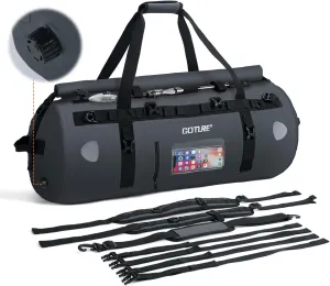 Goture 60L Motorcycle Dry Bag, Waterproof Roll-top Motorcycle Duffel Bag with Transparent Pocket, Fishing Rod Fixing Webbing, Motorcycle Tail Bag for Motorcycling, Boating, SUP, Kayaking, Traval