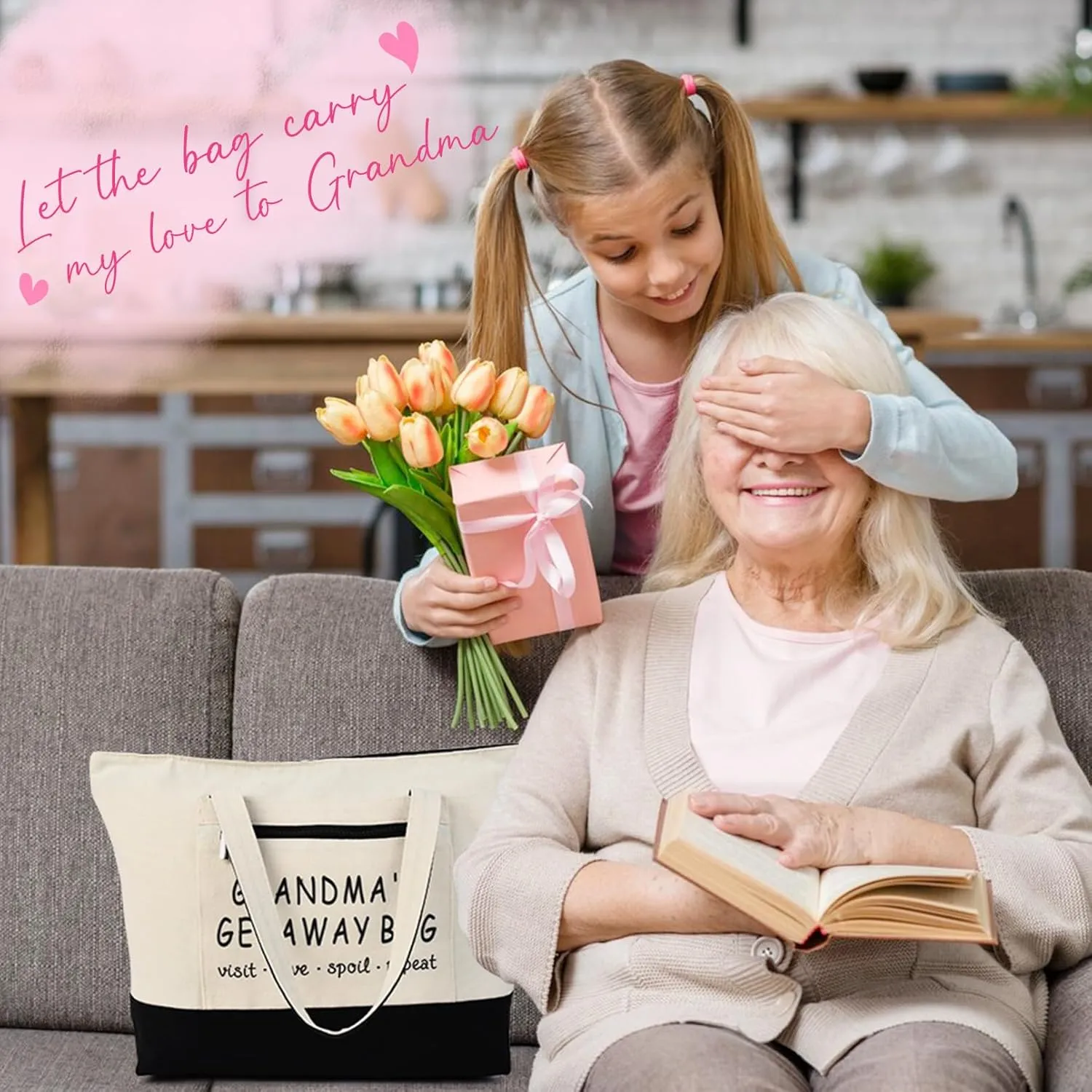 Grandma Brithday Canvas Tote Bag for Shopping Travel, Mothers day Gifts, Christmas Gifts for Grandma from Grandkids