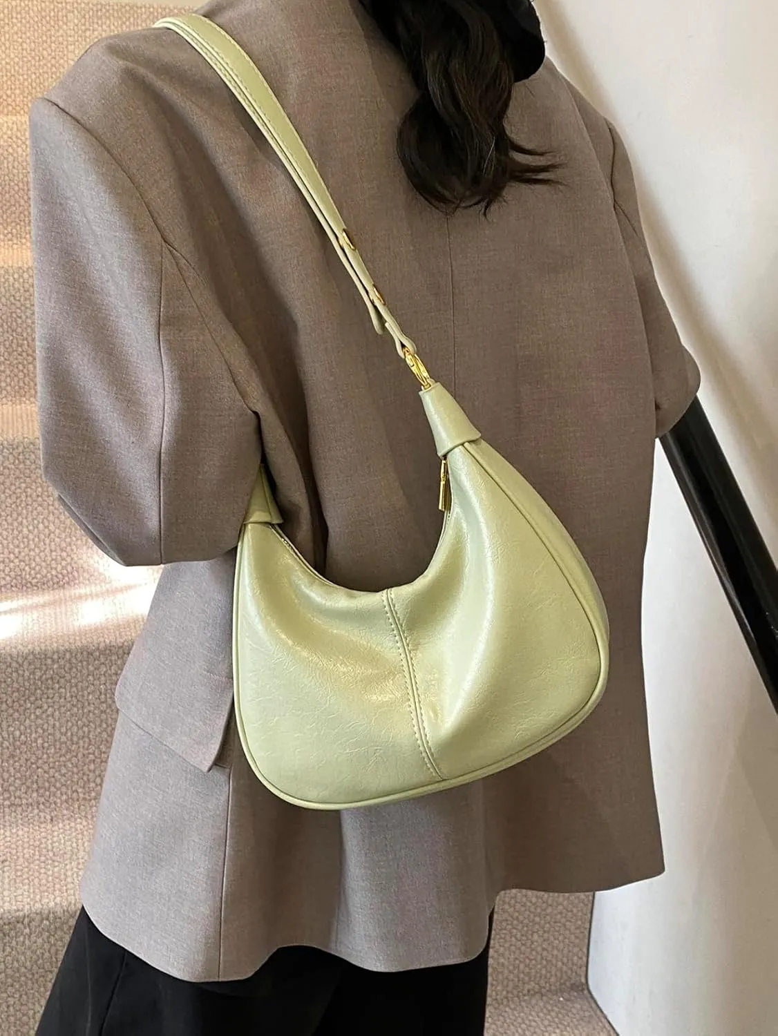 GRPKSSIB PU Leather Shoulder Bags Hobo Crossbody Bag Casual Tote Handbags Women's Crescent Purse with Adjustable Strap