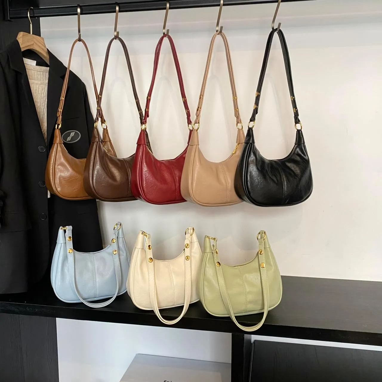 GRPKSSIB PU Leather Shoulder Bags Hobo Crossbody Bag Casual Tote Handbags Women's Crescent Purse with Adjustable Strap