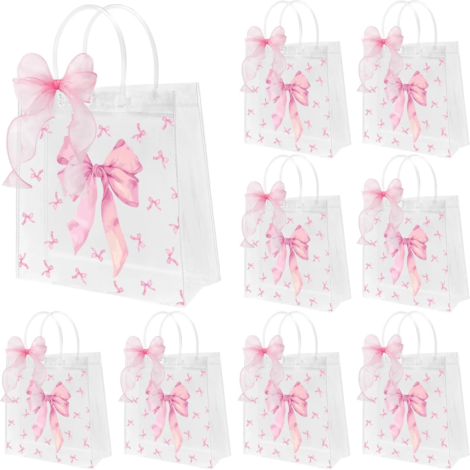 H1vojoxo Pink Bow Party Favor Bags - 24PCS Clear PVC Gift Bags with Handles DIY Ribbon Coquette Bow knot Reusable Transparent Tote Bag for Girls Birthday Baby Shower Weeding Bridal Engagement Party