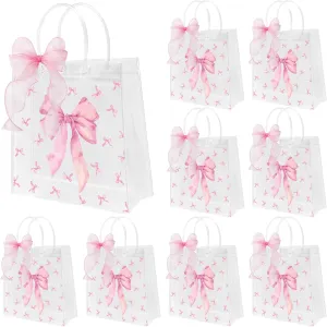 H1vojoxo Pink Bow Party Favor Bags - 24PCS Clear PVC Gift Bags with Handles DIY Ribbon Coquette Bow knot Reusable Transparent Tote Bag for Girls Birthday Baby Shower Weeding Bridal Engagement Party