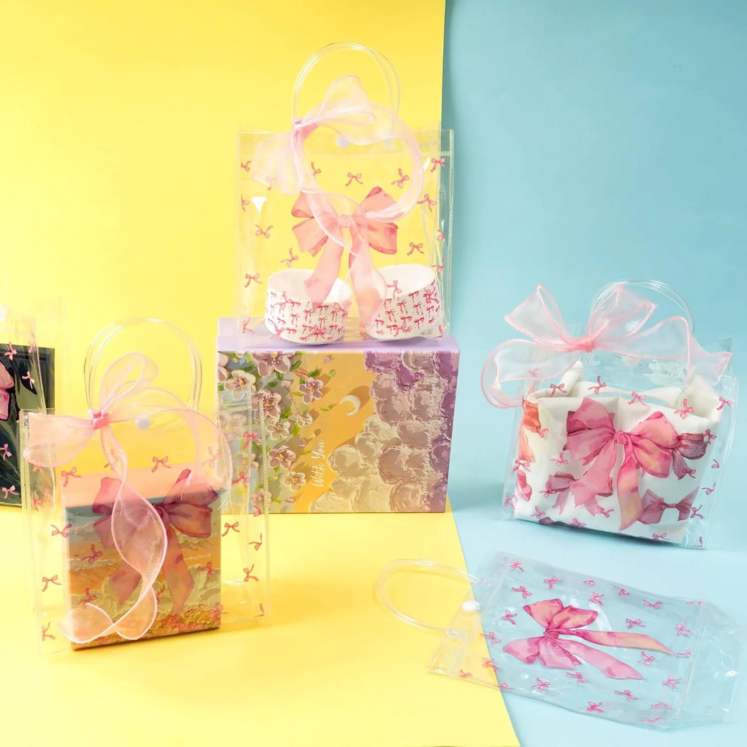 H1vojoxo Pink Bow Party Favor Bags - 24PCS Clear PVC Gift Bags with Handles DIY Ribbon Coquette Bow knot Reusable Transparent Tote Bag for Girls Birthday Baby Shower Weeding Bridal Engagement Party