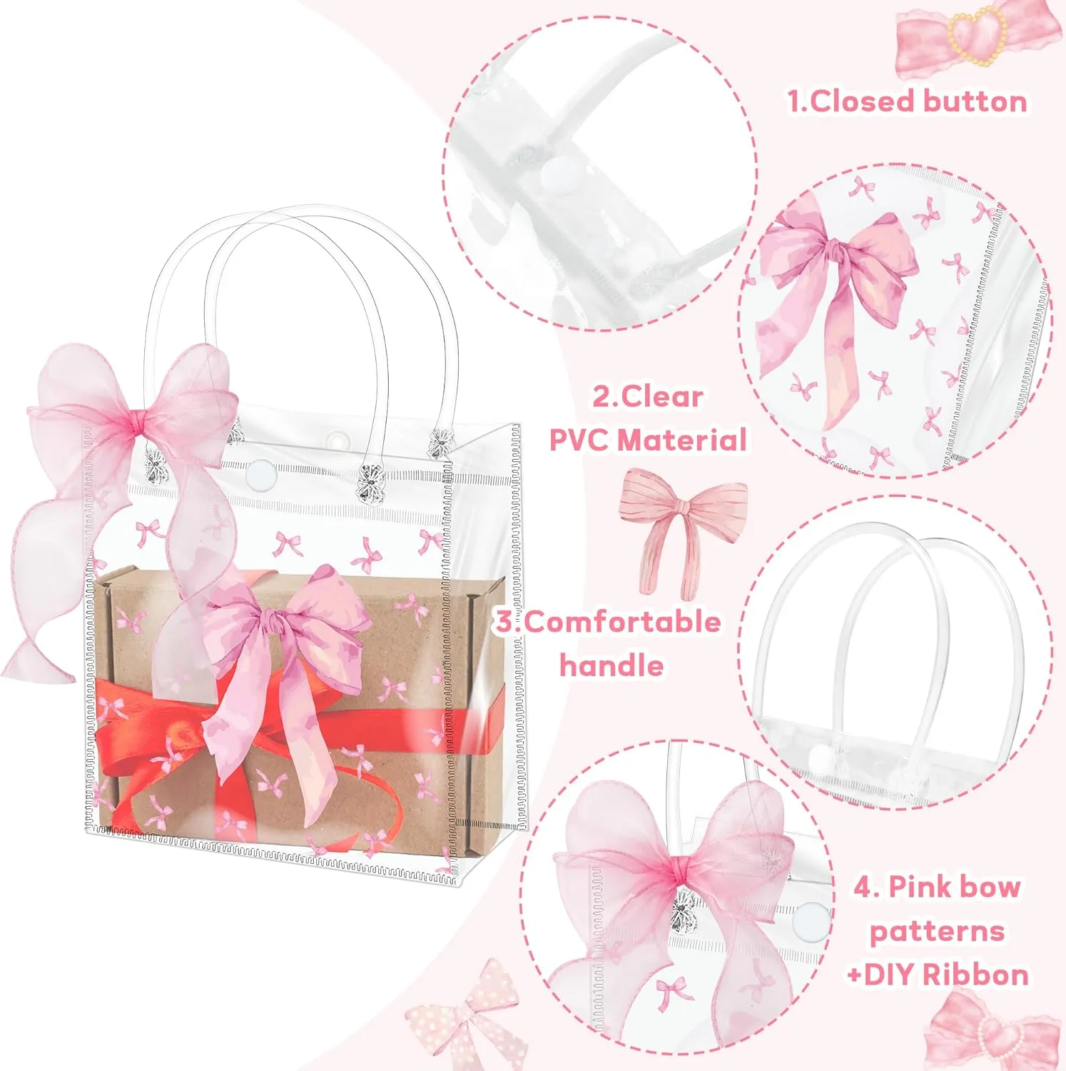 H1vojoxo Pink Bow Party Favor Bags - 24PCS Clear PVC Gift Bags with Handles DIY Ribbon Coquette Bow knot Reusable Transparent Tote Bag for Girls Birthday Baby Shower Weeding Bridal Engagement Party