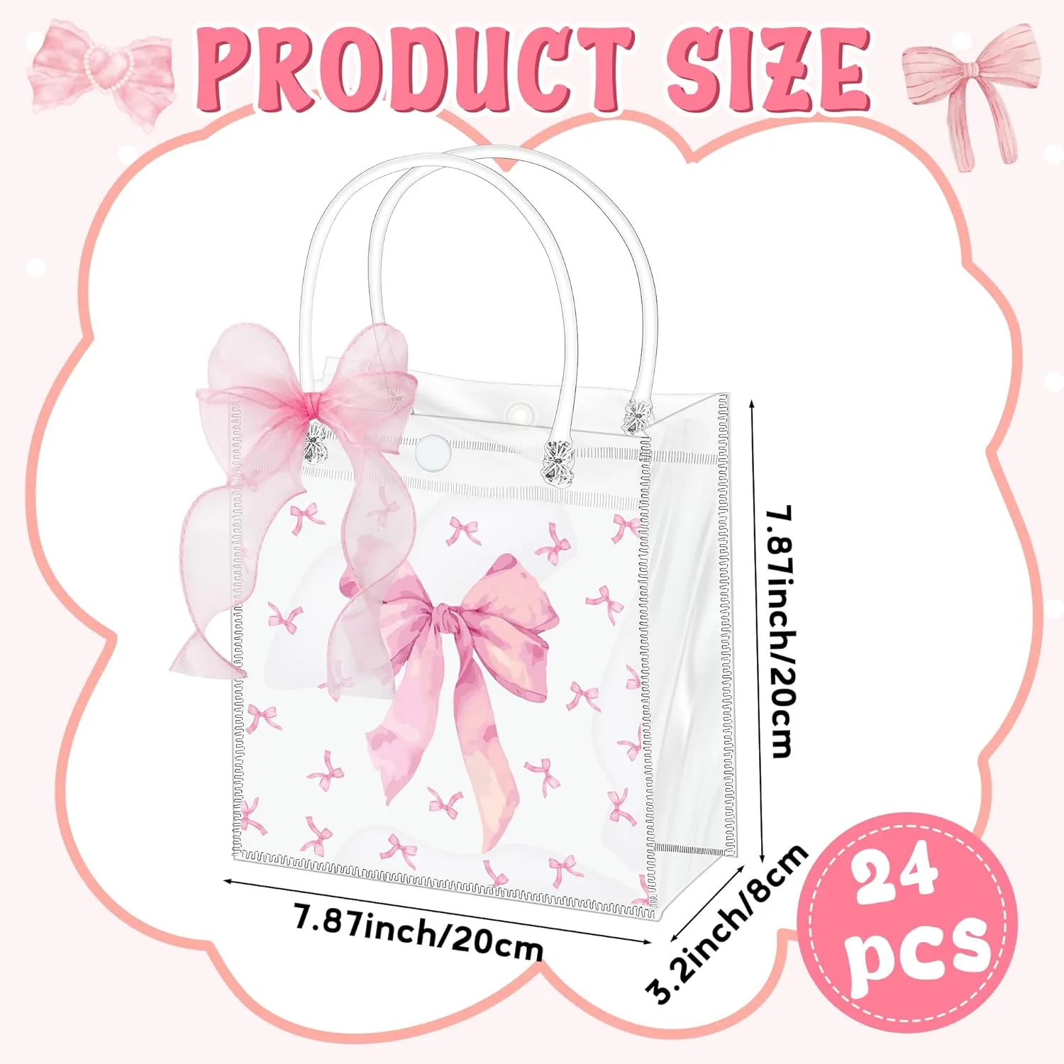 H1vojoxo Pink Bow Party Favor Bags - 24PCS Clear PVC Gift Bags with Handles DIY Ribbon Coquette Bow knot Reusable Transparent Tote Bag for Girls Birthday Baby Shower Weeding Bridal Engagement Party