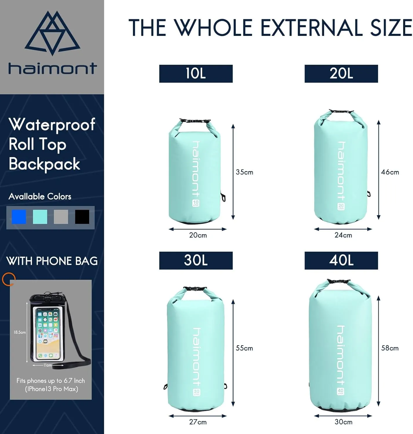 Haimont Waterproof Dry Bag Floating Dry Sack Roll Top Drybag Backpack for Kayaking, Rafting, Boating, Fishing with IPX8 Waterproof Phone Case, Aqua Green, 10L