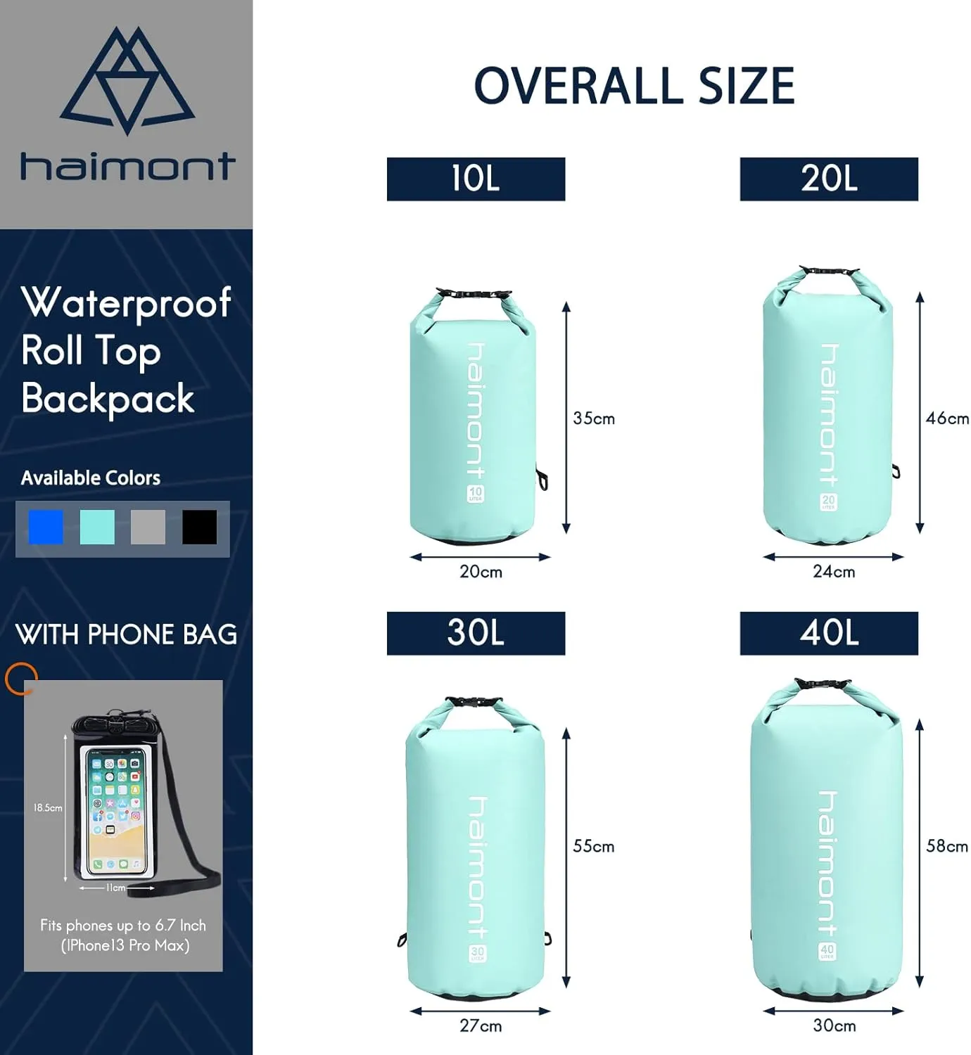 Haimont Waterproof Dry Bag Floating Dry Sack Roll Top Drybag Backpack for Kayaking, Rafting, Boating, Fishing with IPX8 Waterproof Phone Case, Aqua Green, 40L