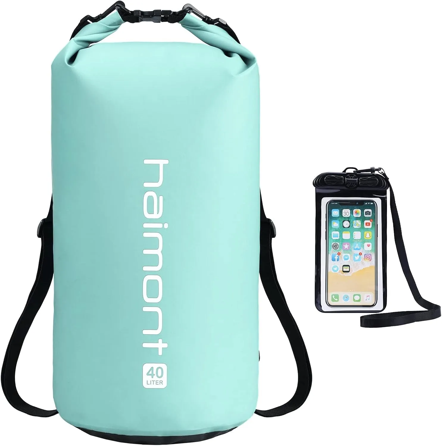 Haimont Waterproof Dry Bag Floating Dry Sack Roll Top Drybag Backpack for Kayaking, Rafting, Boating, Fishing with IPX8 Waterproof Phone Case, Aqua Green, 40L