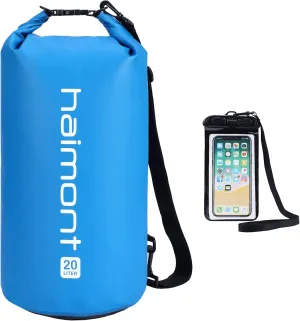 Haimont Waterproof Dry Bag Floating Dry Sack Roll Top Drybag Backpack for Kayaking, Rafting, Boating, Fishing with IPX8 Waterproof Phone Case, Blue, 20L