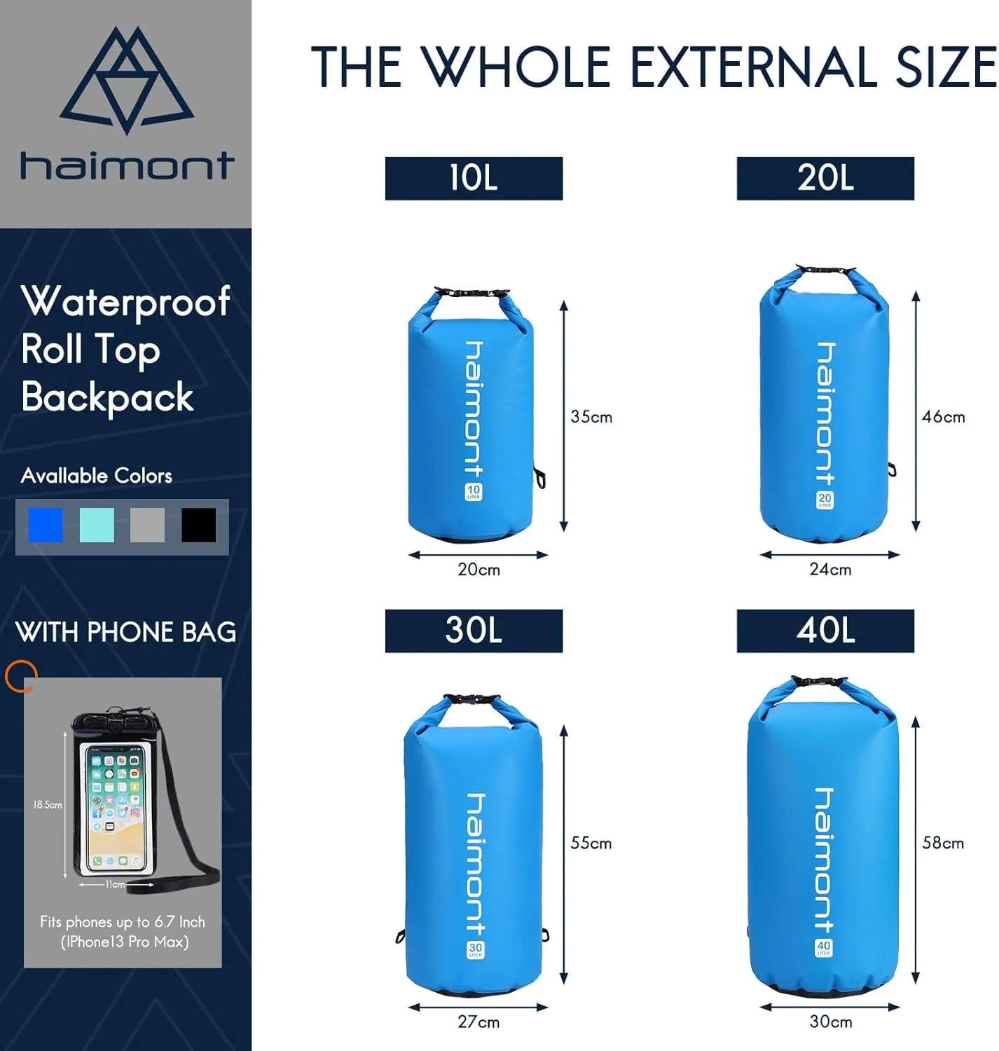 Haimont Waterproof Dry Bag Floating Dry Sack Roll Top Drybag Backpack for Kayaking, Rafting, Boating, Fishing with IPX8 Waterproof Phone Case, Blue, 20L