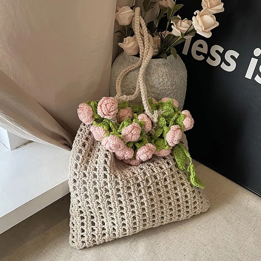 Handmade Crocheted Rose Flower Embellished Tote Bag, Chic Mesh Knitted Shoulder Purse, Summer Casual Sea Beach Hobo Satchel