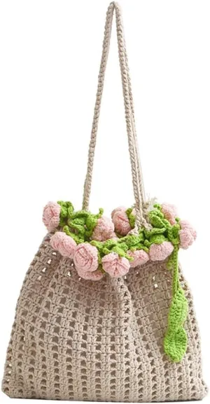 Handmade Crocheted Rose Flower Embellished Tote Bag, Chic Mesh Knitted Shoulder Purse, Summer Casual Sea Beach Hobo Satchel