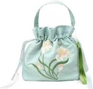 Hanfu Crossbody Bag, Embroidered Ancient Style Bag, Elegant Vintage Silk Pattern Clutch Handbag, Flower Drawstring Bucket Bag, Wristlet Bag with Pendant and Tassels