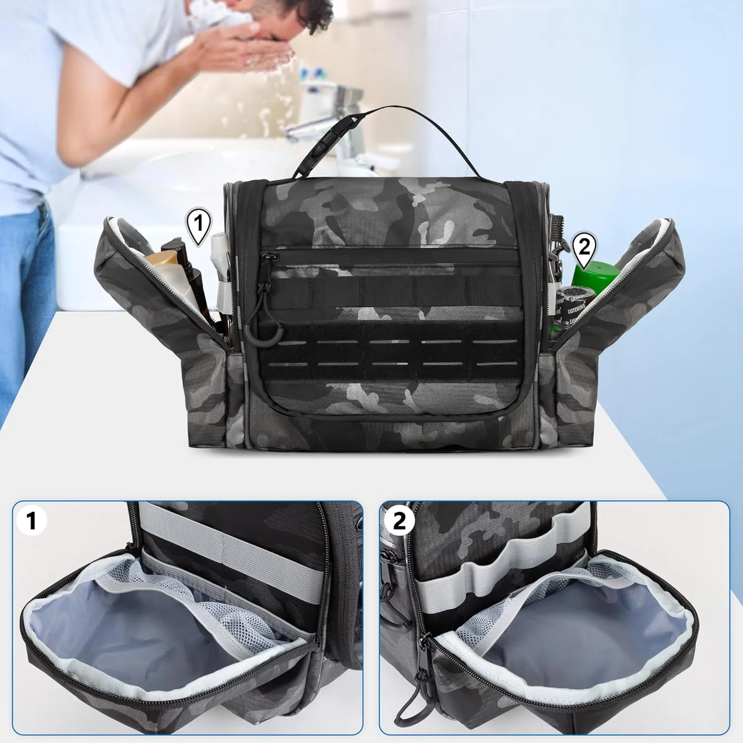 Hanging Toiletry Bag for Men, Tactical Dopp Kit Toiletry Travel Bag, Large Hygiene Organizer Shower Bag for Camping Outdoor, Black Camo