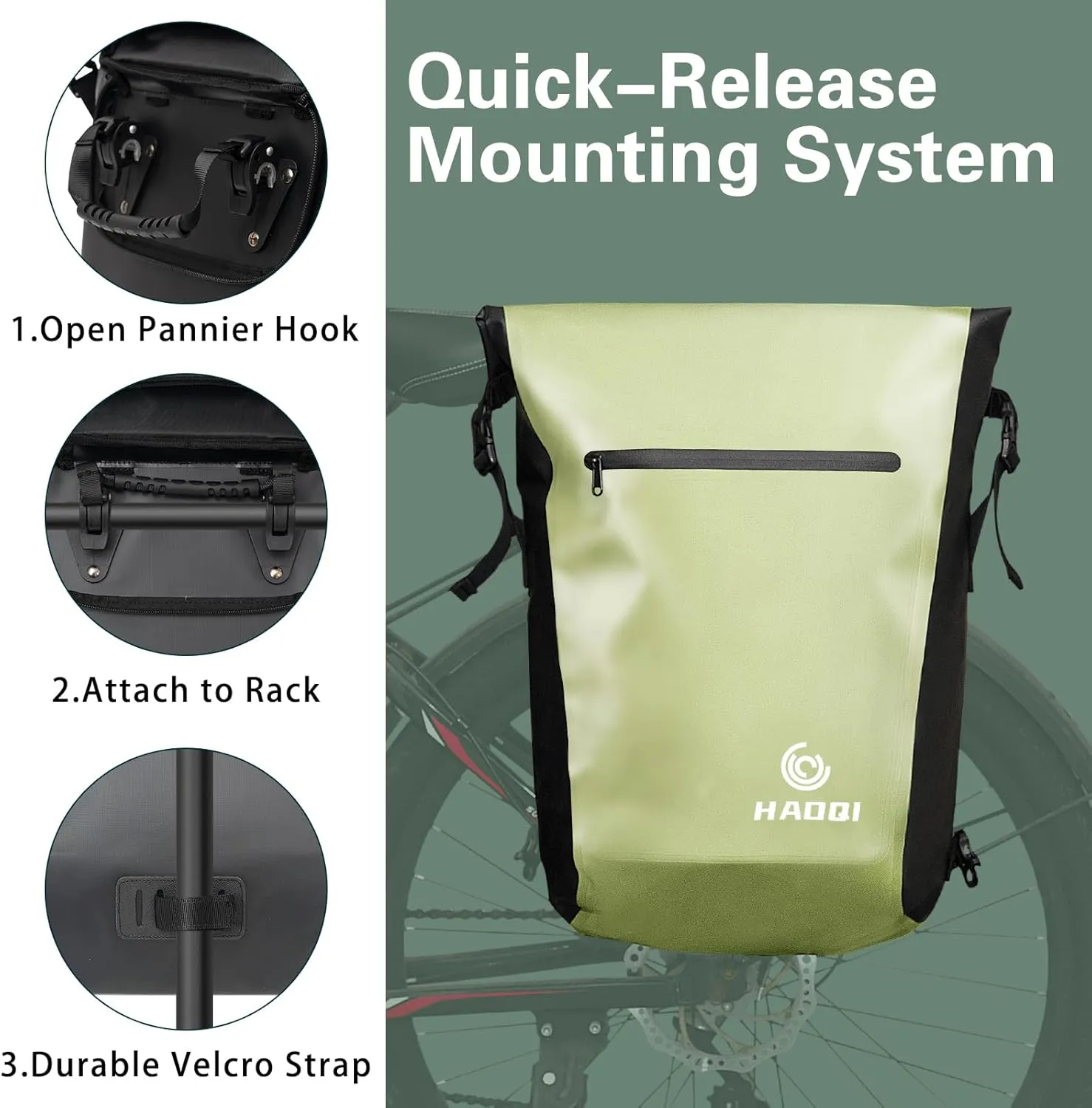 HAOQI Bike Pannier Waterproof Bike Rear Rack Bag 27L Large Capacity Bicycle Pannier for Cycling Traveling Commuting, Green