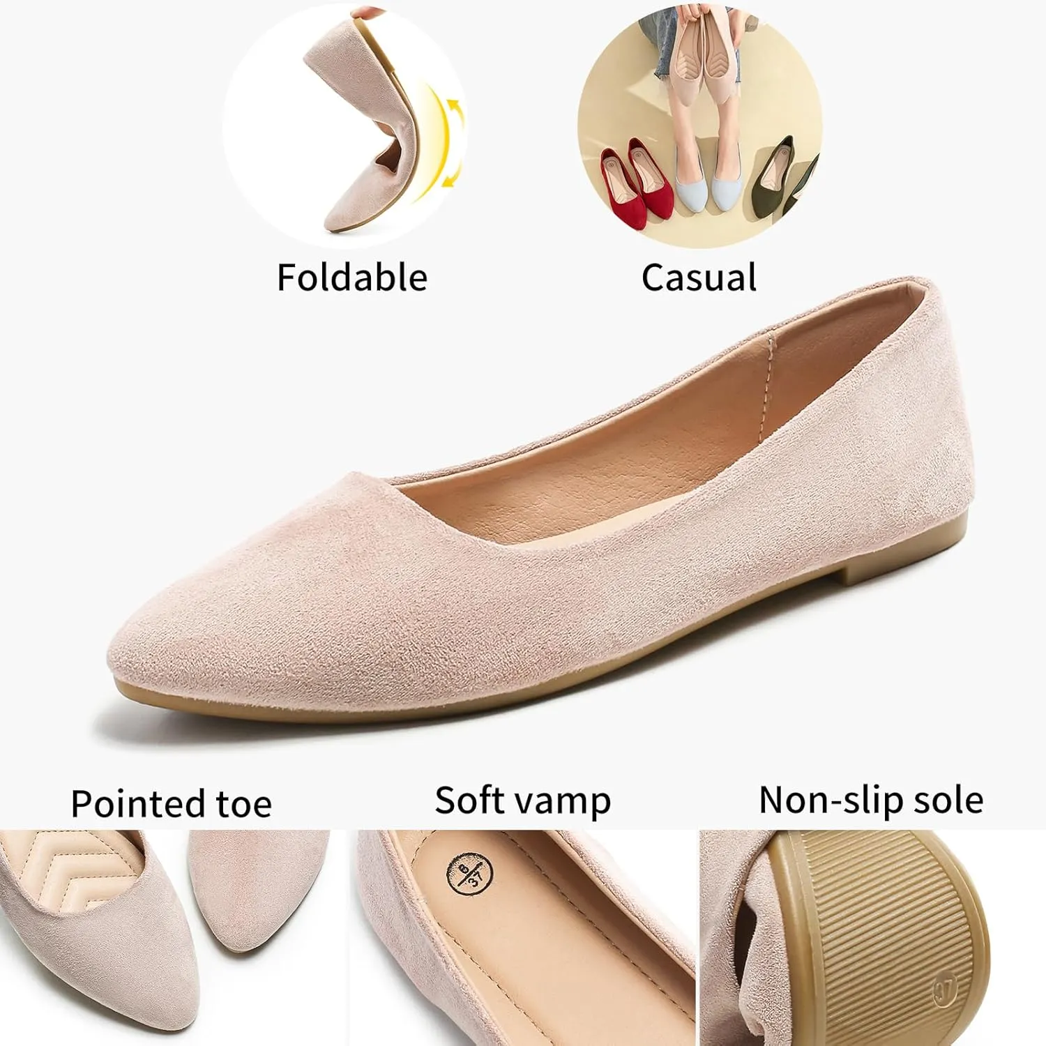 HEAWISH Women’s Black Flats Shoes Comfortable Suede Pointed Toe Slip On Casual Ballet Flats Dress Shoes Nude Flats