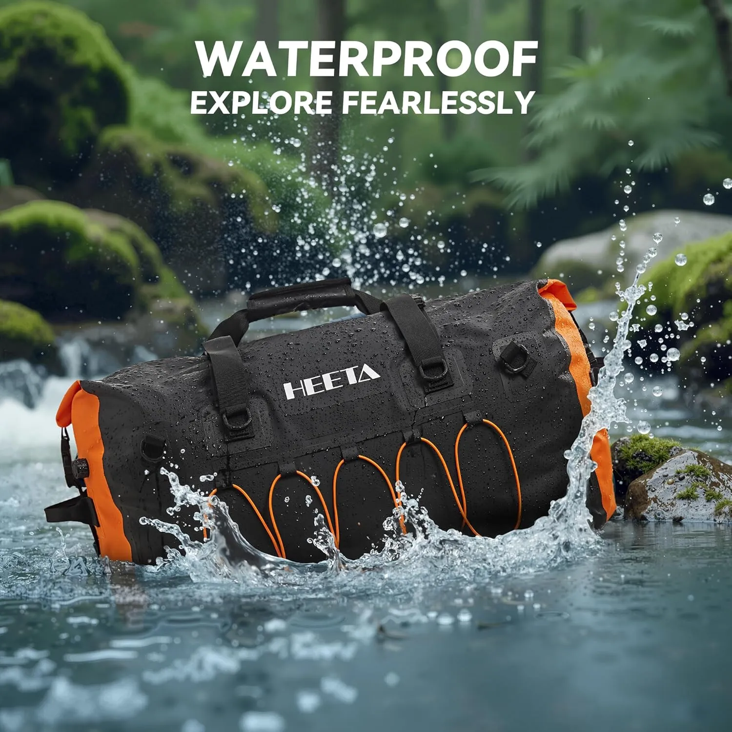 HEETA Waterproof Duffel Bag Motorcycle Dry Bag Backpack, Extra Large Rolltop Travel Duffle Bags with Straps & Handles for Kayaking Rafting Boating Canoeing Camping Gym Beach (Black, 60L)