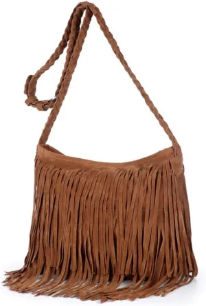 Heidi Hobo Hippie Fringe Tassel Faux Suede Shoulder Messenger Cross Body Womens Sling Bag