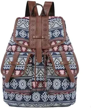 Hippie Canvas Women Backpack Purse- Boho Style Ethnic Drawstring Causal Double Shoulder Vintage Travel Daypack (Blue), Large