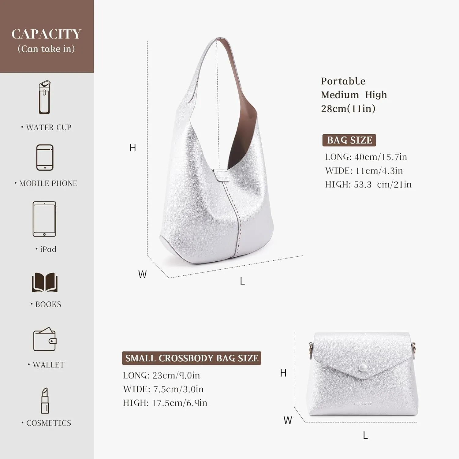 HKCLUF Hobo Bags Purses for Women 2PCS/Set,Soft Vegan Leather Slouchy Shoulder Handbags with Small Crossbody Bags for Women