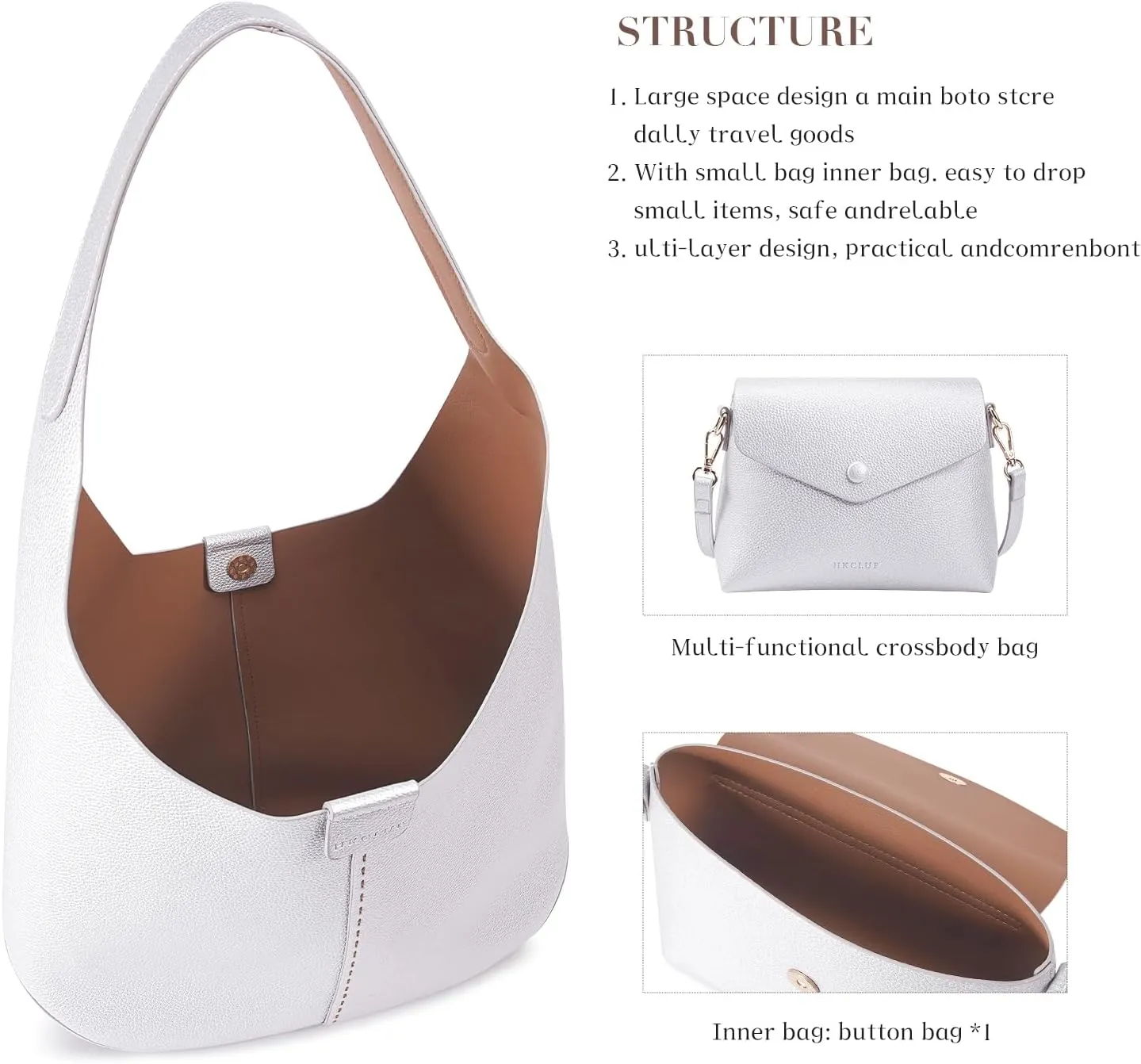 HKCLUF Hobo Bags Purses for Women 2PCS/Set,Soft Vegan Leather Slouchy Shoulder Handbags with Small Crossbody Bags for Women