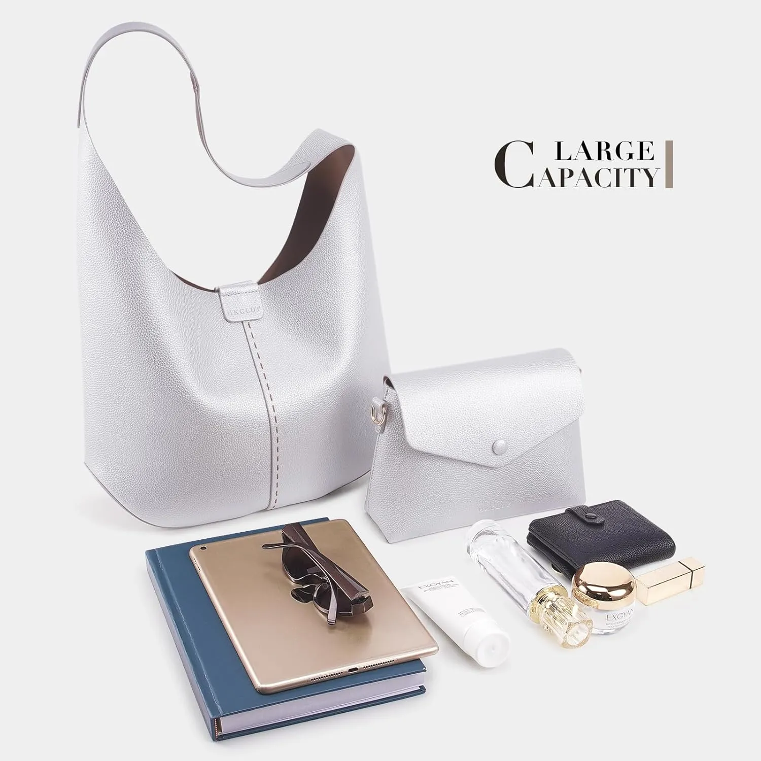HKCLUF Hobo Bags Purses for Women 2PCS/Set,Soft Vegan Leather Slouchy Shoulder Handbags with Small Crossbody Bags for Women