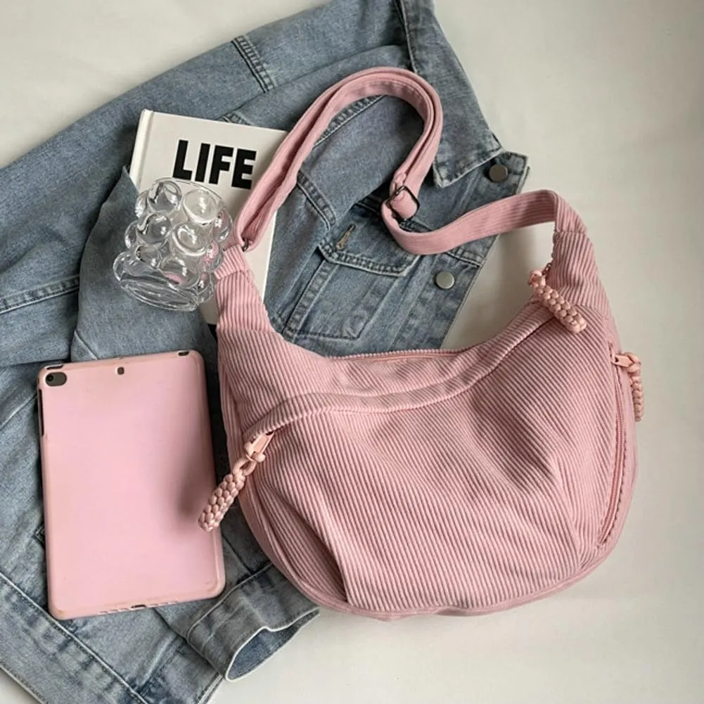 Hobo Bag for Women Men Crescent Shoulder Bag Retro Nylon Canvas Crossbody Bag Slouchy Corduroy Dumpling Bag Purse