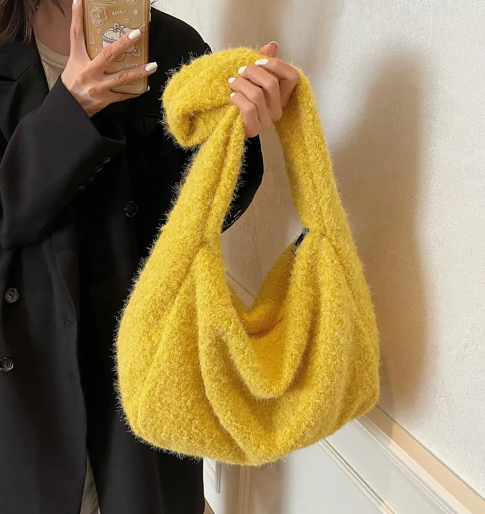 Hobo Bags for Women Fuzzy Bag Slouchy Bag Large Capacity Tote Bag Casual Trendy Bag Soft Shoulder Bag Commuter Tote