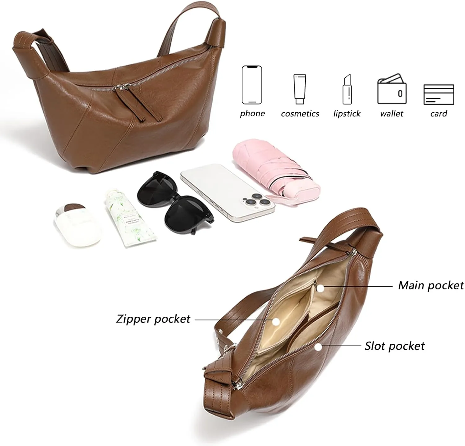 Hobo Bags for Women, Genuine Leather Crossbody Bag for Women, Slouchy Fashion Shoulder Purses