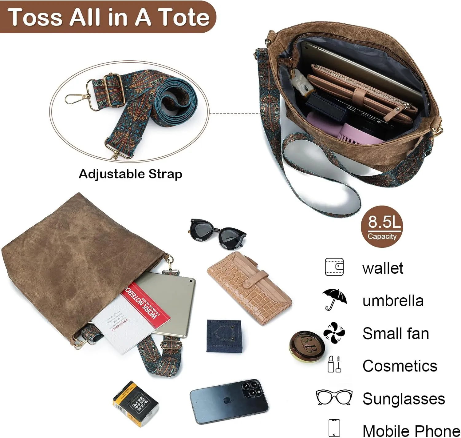 Hobo Bags for Women - Vegan Leather Slouchy Crossbody Bucket Handbags, Shoulder Purses for Work, Travel & Weekender