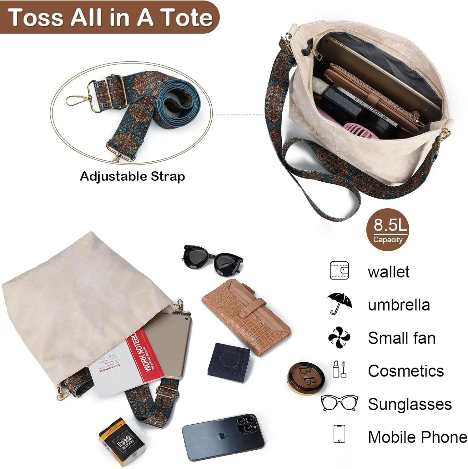 Hobo Bags for Women - Vegan Leather Slouchy Crossbody Bucket Handbags, Shoulder Purses for Work, Travel & Weekender