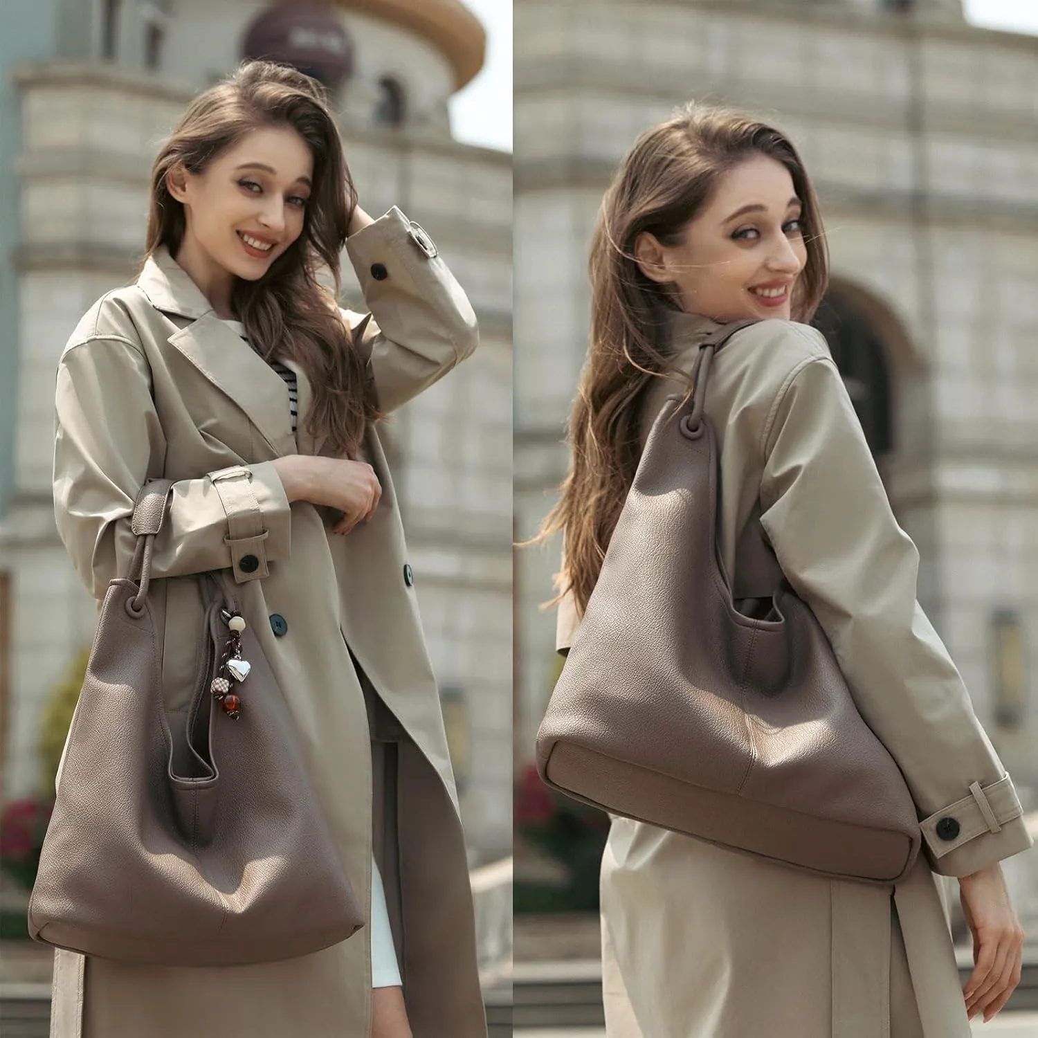 Hobo Purse for Women Trendy Vegan Leather Shoulder Bag Slouchy Hobo Bags with Charm and small Purse