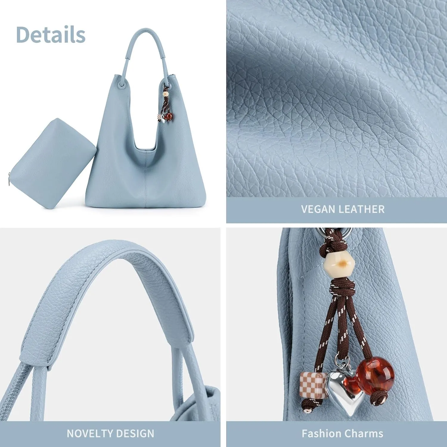 Hobo Purse for Women Trendy Vegan Leather Shoulder Bag Slouchy Hobo Bags with Charm and small Purse