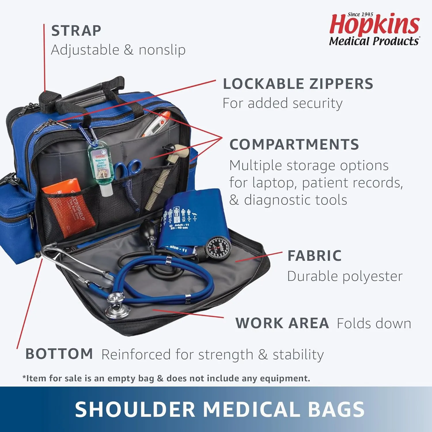 Hopkins Medical Products Mark V Shoulder Bag, HIPAA Compliant Lockable Zippers for Security, Adjustable Straps and Reinforced Bottom, Fold-Down Compartment for Easy Access, 13x11.25x7.5 inch, Navy