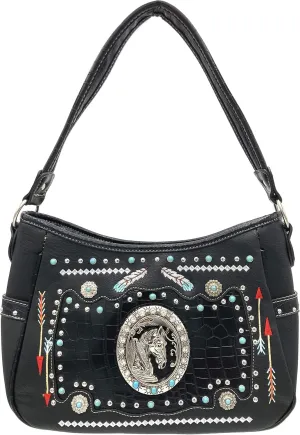 Horse Feather Tribal Embroidery Western Country Women Conceal Carry Hobo Purse