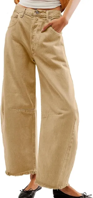 HOTIAN Barrel Jeans Women Wide Leg Mid Rise Barrel Denim Pants Vintage Horseshoe Jeans Pockets
