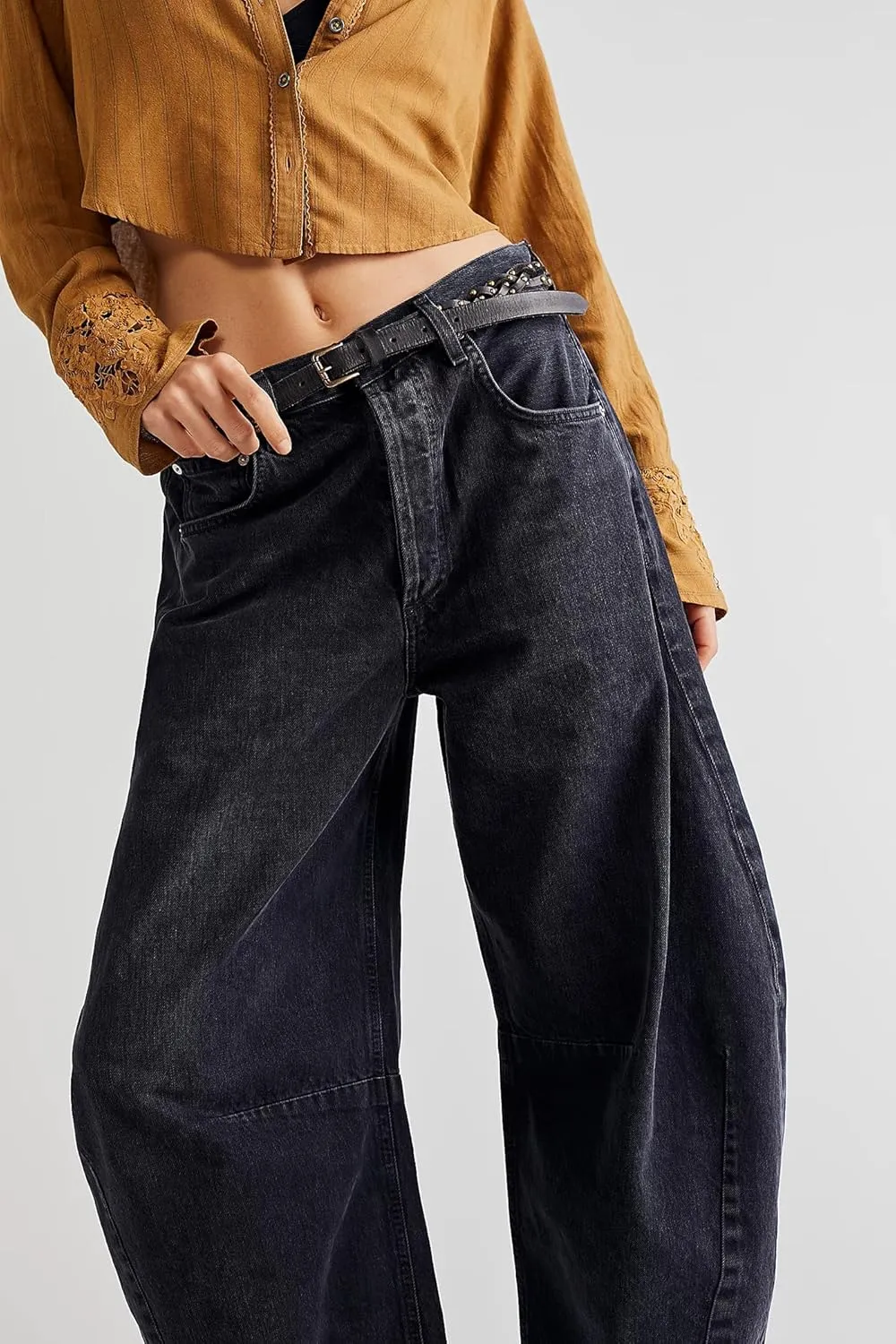 HOTIAN Barrel Jeans Women Wide Leg Mid Rise Barrel Denim Pants Vintage Horseshoe Jeans Pockets