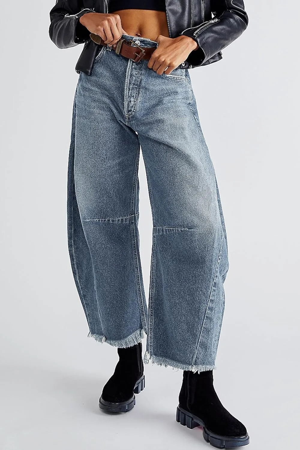 HOTIAN Barrel Jeans Women Wide Leg Mid Rise Barrel Denim Pants Vintage Horseshoe Jeans Pockets