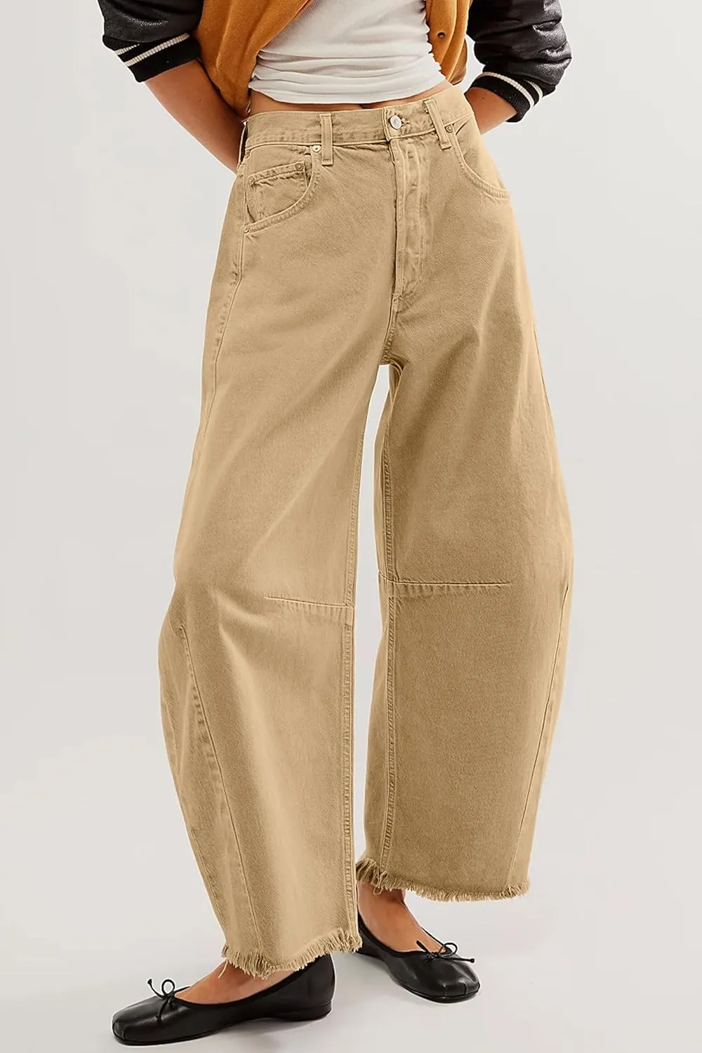 HOTIAN Barrel Jeans Women Wide Leg Mid Rise Barrel Denim Pants Vintage Horseshoe Jeans Pockets
