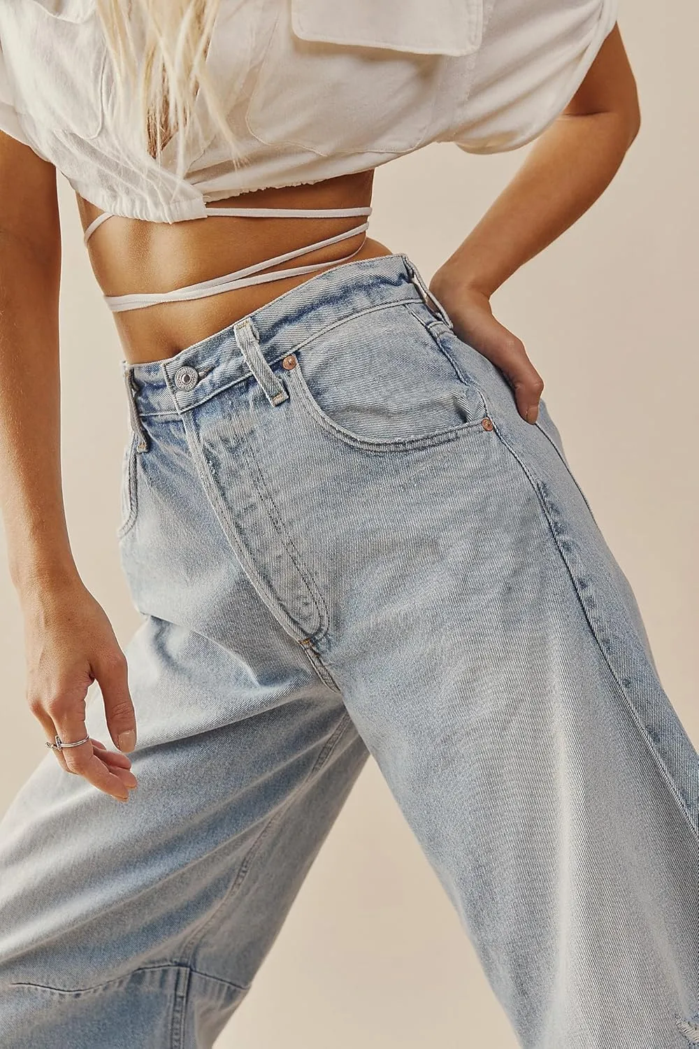 HOTIAN Barrel Jeans Women Wide Leg Mid Rise Barrel Denim Pants Vintage Horseshoe Jeans Pockets