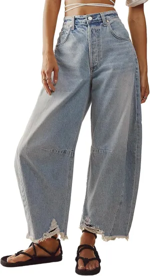 HOTIAN Barrel Jeans Women Wide Leg Mid Rise Barrel Denim Pants Vintage Horseshoe Jeans Pockets