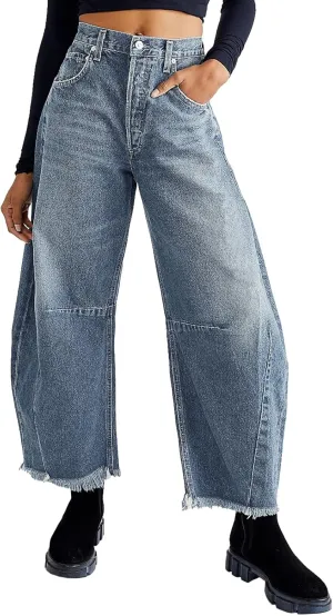 HOTIAN Barrel Jeans Women Wide Leg Mid Rise Barrel Denim Pants Vintage Horseshoe Jeans Pockets