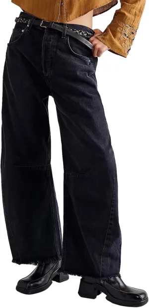 HOTIAN Barrel Jeans Women Wide Leg Mid Rise Barrel Denim Pants Vintage Horseshoe Jeans Pockets