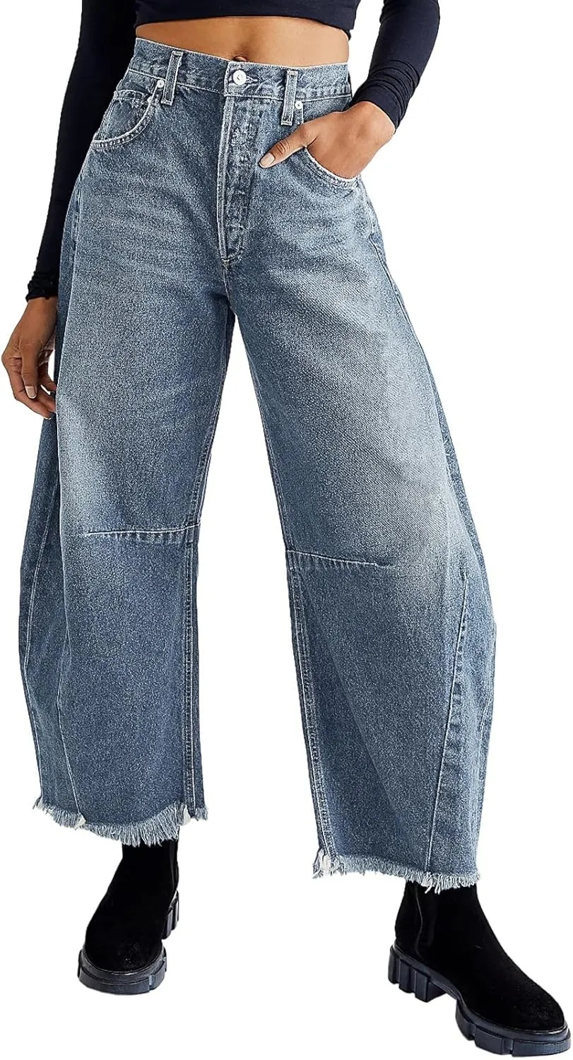 HOTIAN Barrel Jeans Women Wide Leg Mid Rise Barrel Denim Pants Vintage Horseshoe Jeans Pockets